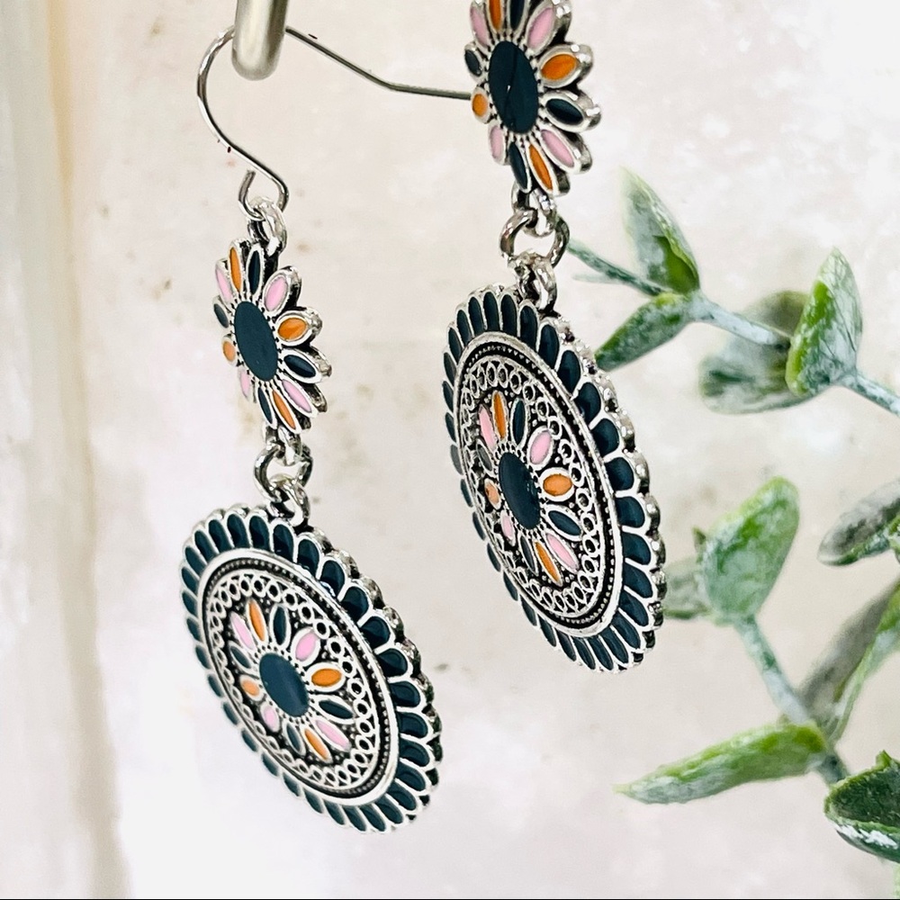 DOUBLE DROP Dangling Flower EARRINGS deep blue silver pink hanging movement - Picture 6 of 8